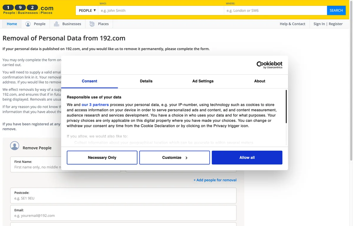 The 192.com opt-out page