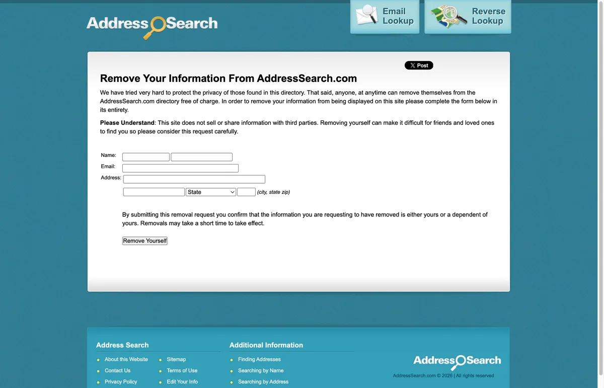The AddressSearch opt-out page