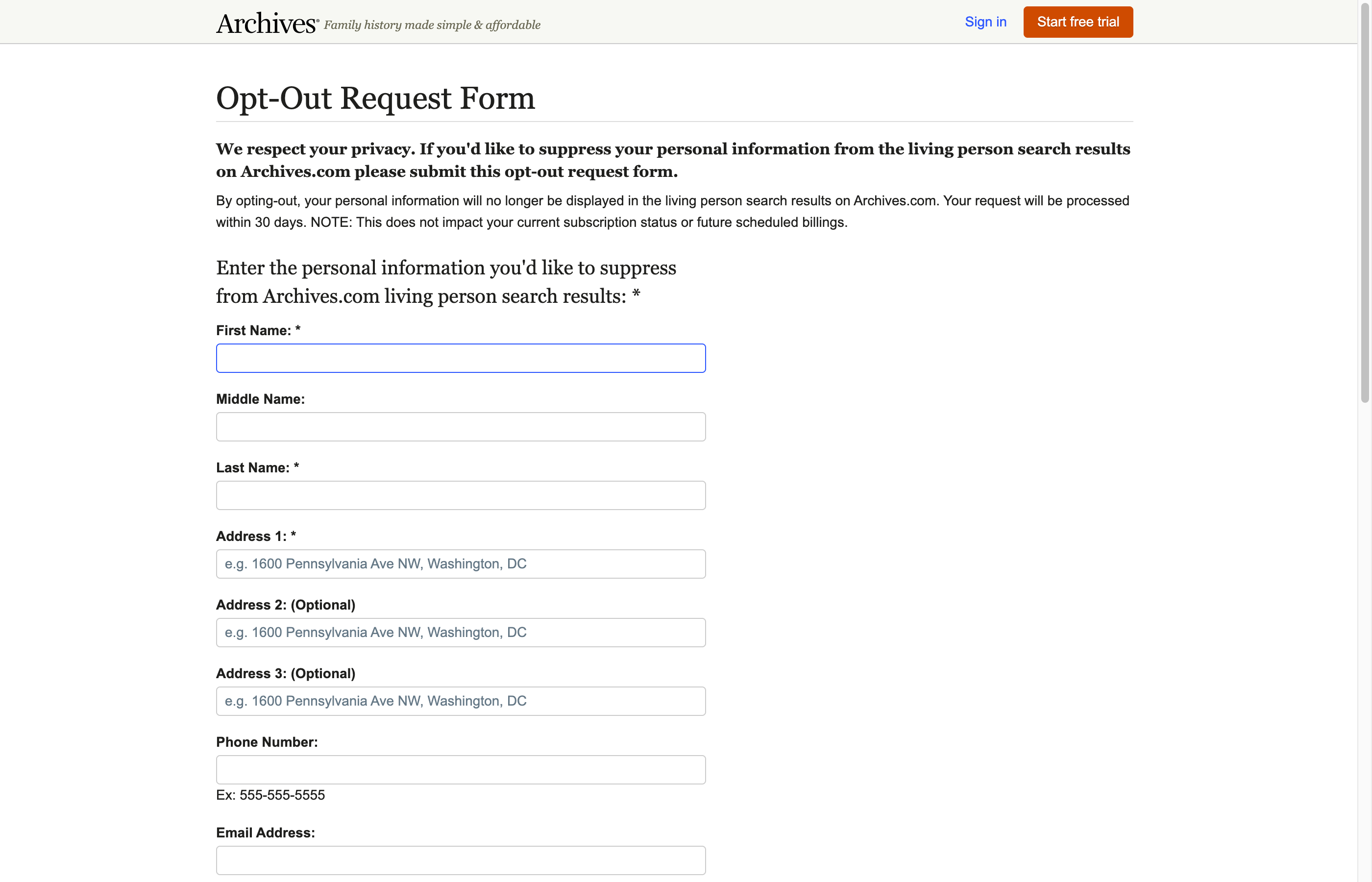 The Archives opt-out page