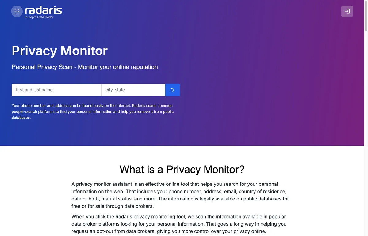 The Radaris opt-out page