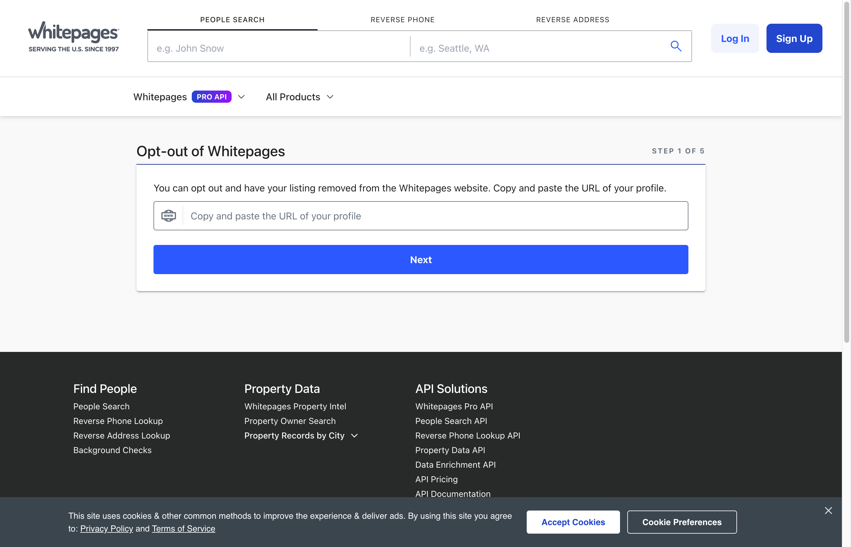 The Whitepages opt-out page