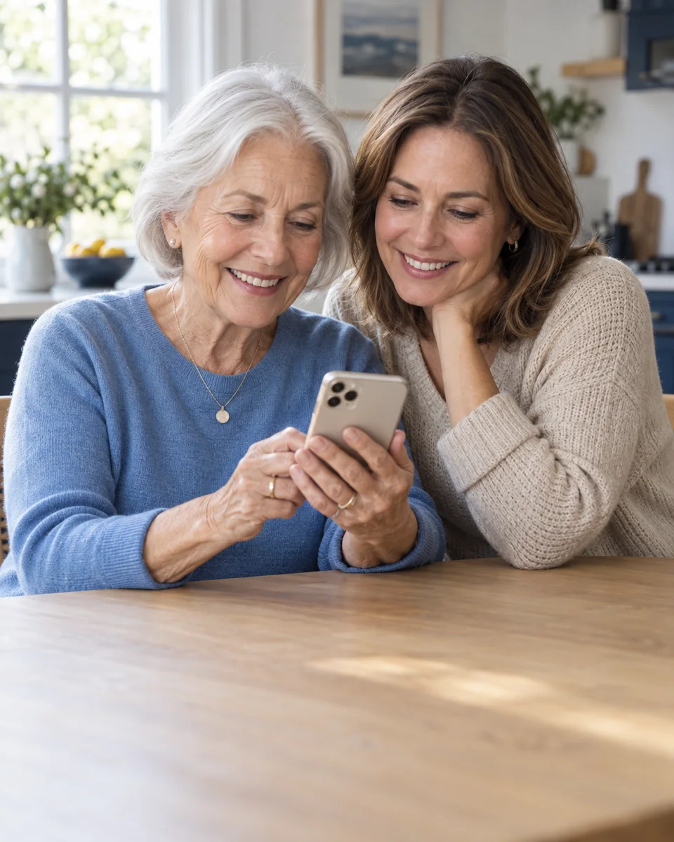 An older mother and her adult daughter reviewing a smartphone together at home