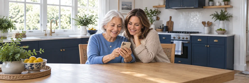 An older mother and her adult daughter reviewing a smartphone together at home