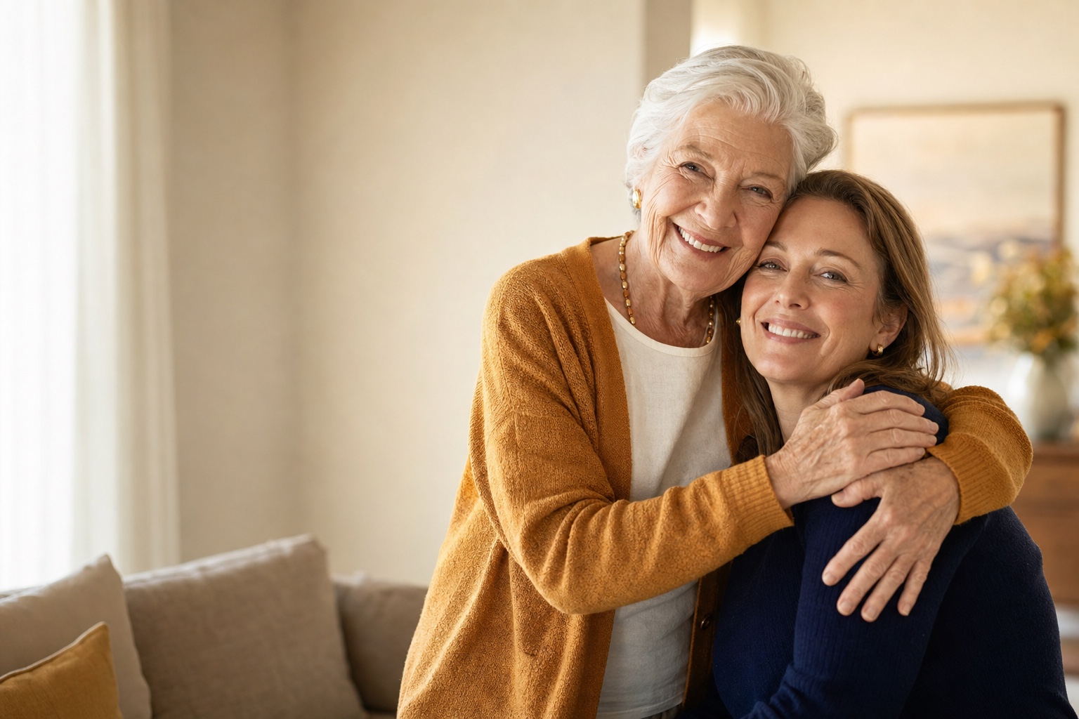 An 80-year-old grandmother and her adult daughter smiling with their arms around each other at home.