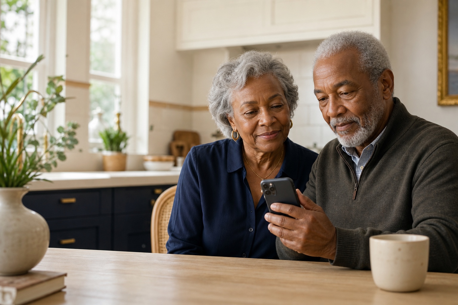 Two older adults reviewing a phone together at home.
