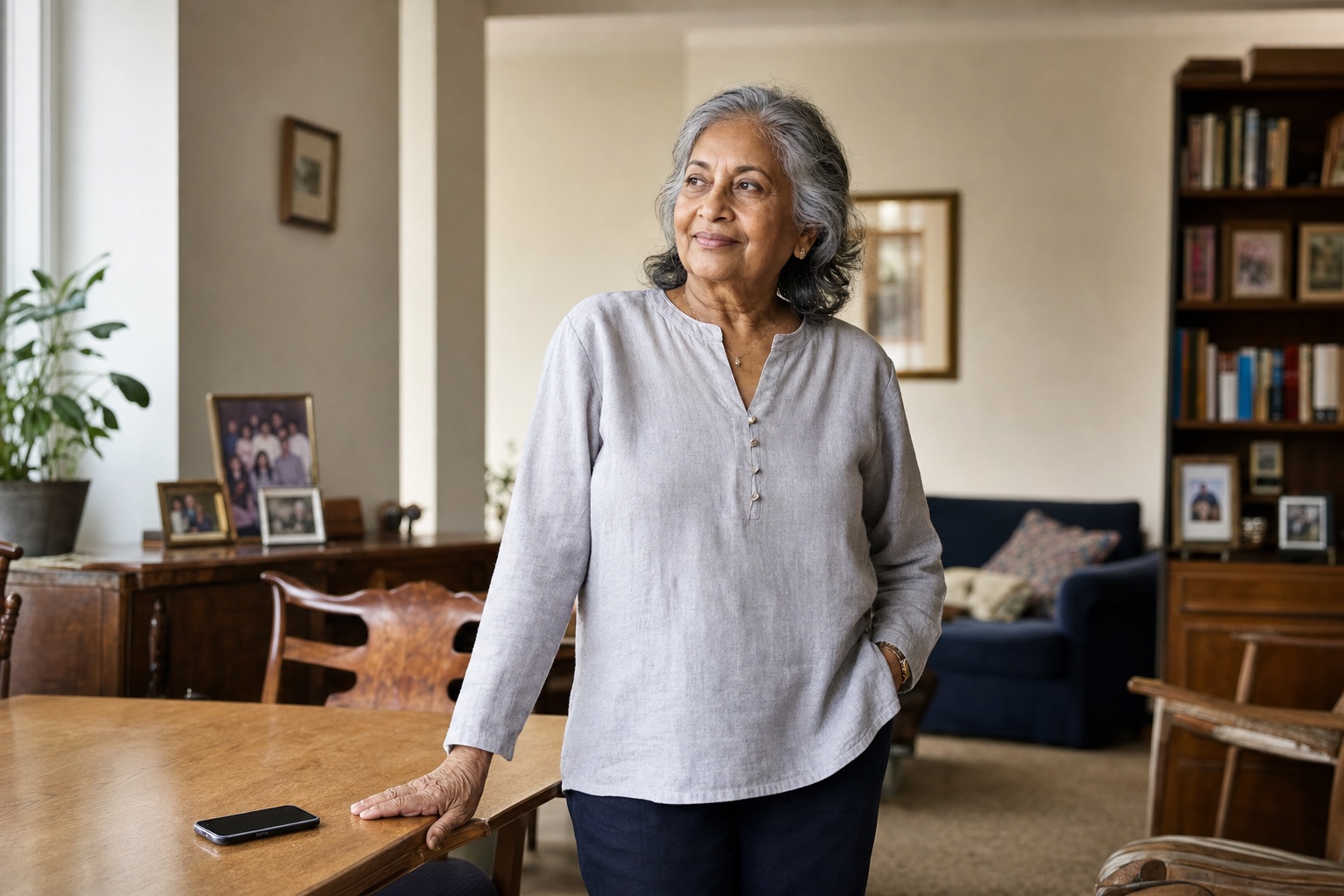An older woman standing confidently in her home