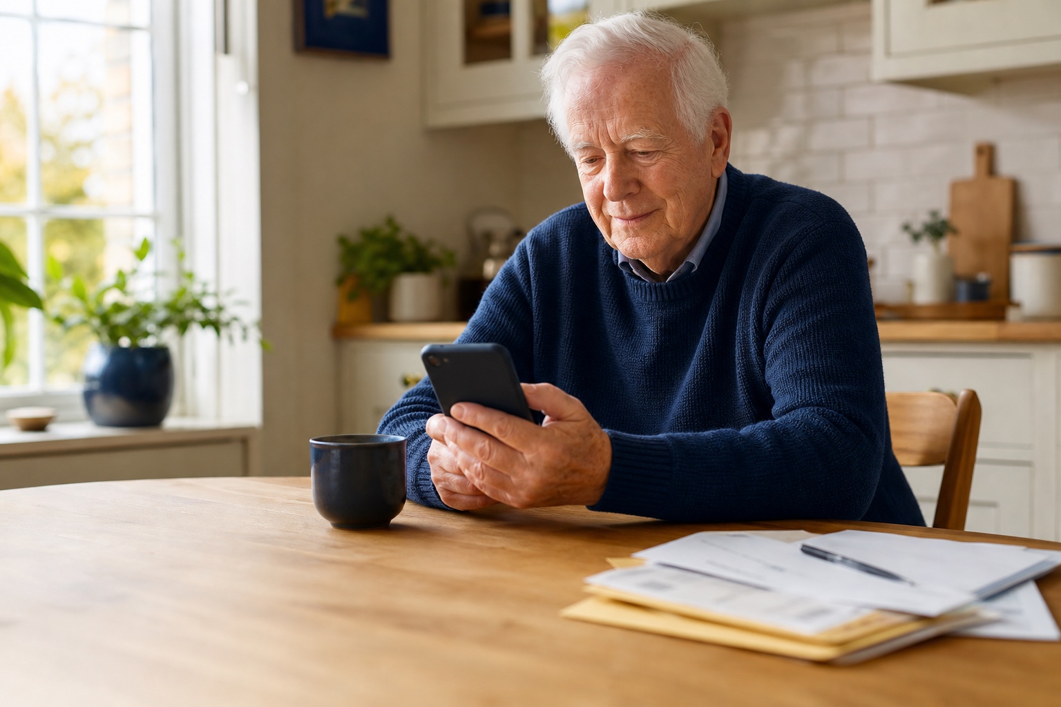 An older man comfortably reviewing his phone at the kitchen table.