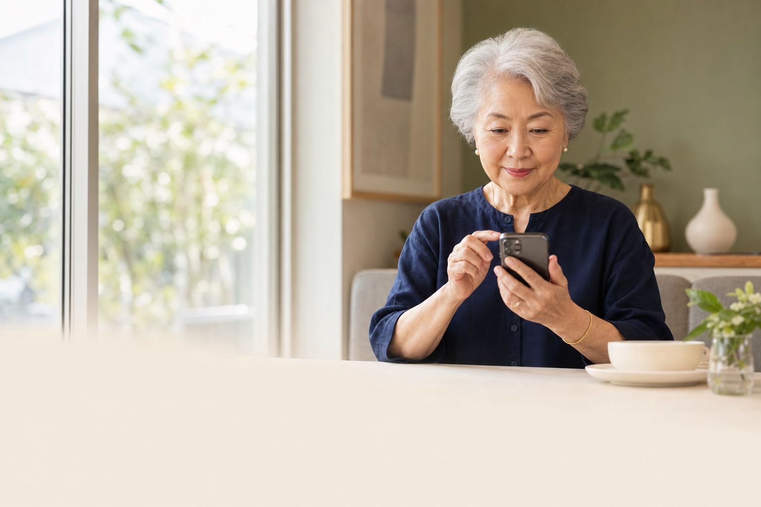 An older woman looking at her phone at home.