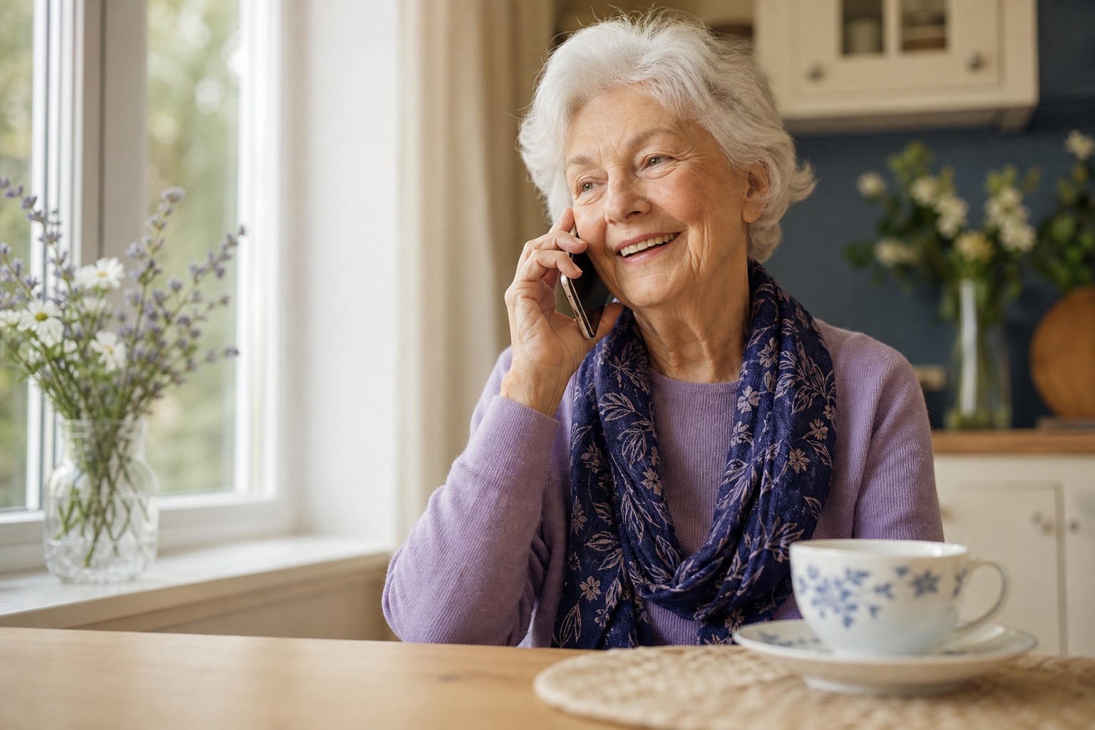 An older woman smiling while speaking on her phone.