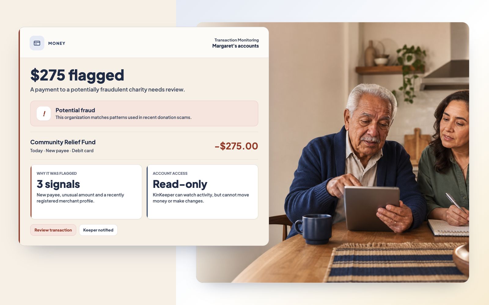 KinKeeper Money preview showing a transaction that needs review