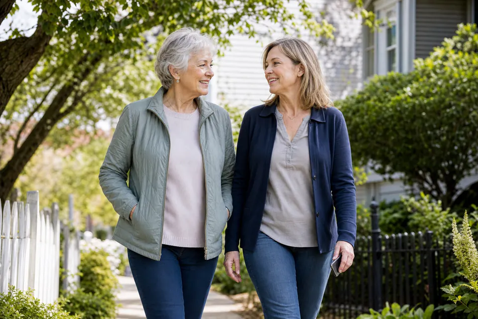 An older parent and adult child spending time together outdoors