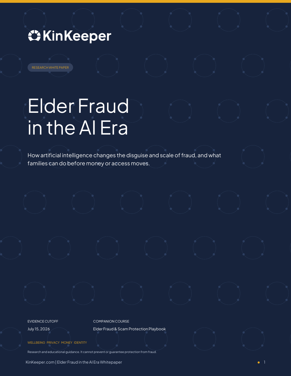 Cover of Elder Fraud in the AI Era, a KinKeeper white paper