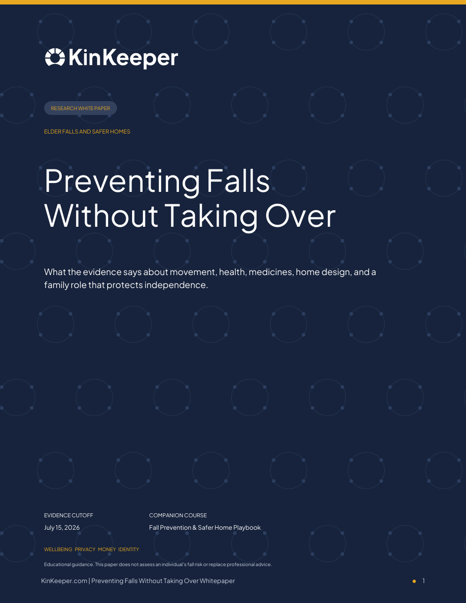 Cover of Preventing Falls Without Taking Over, a KinKeeper white paper